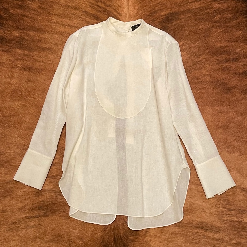 Theory linen tuxedo bib shirt with open back NWT
